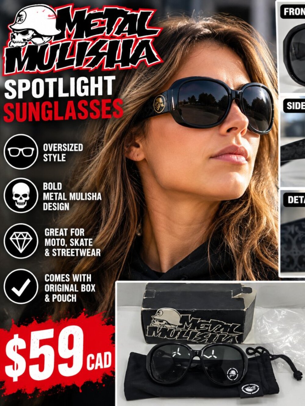 Metal Mulisha Spotlight Black Oversized Sunglasses Y2K Moto With Box